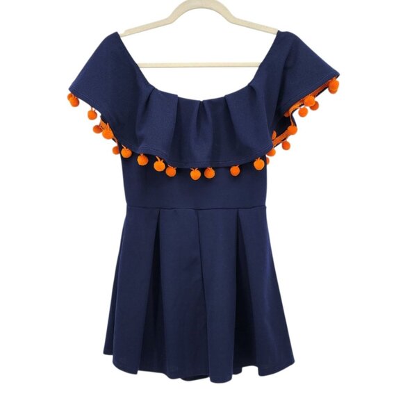 Game On Dresses Womens Small Romper Pleated Pom Pom Navy Blue Denver Broncos - Picture 1 of 6